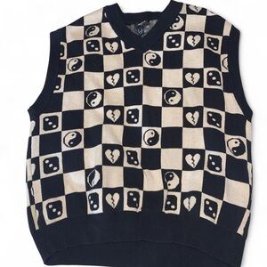 Forever 21 Black and Tan Patterned V-Neck Sweater Vest